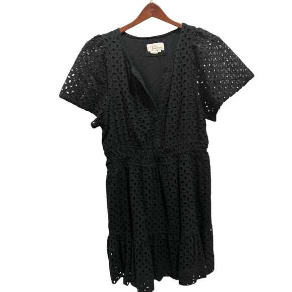 Anthropologie Black Eyelet Smocked Waist Tiered Ruffle V Neck Dress XL - Picture 4 of 9